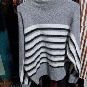 LOFT Gray and White Striped Turtleneck Sweater